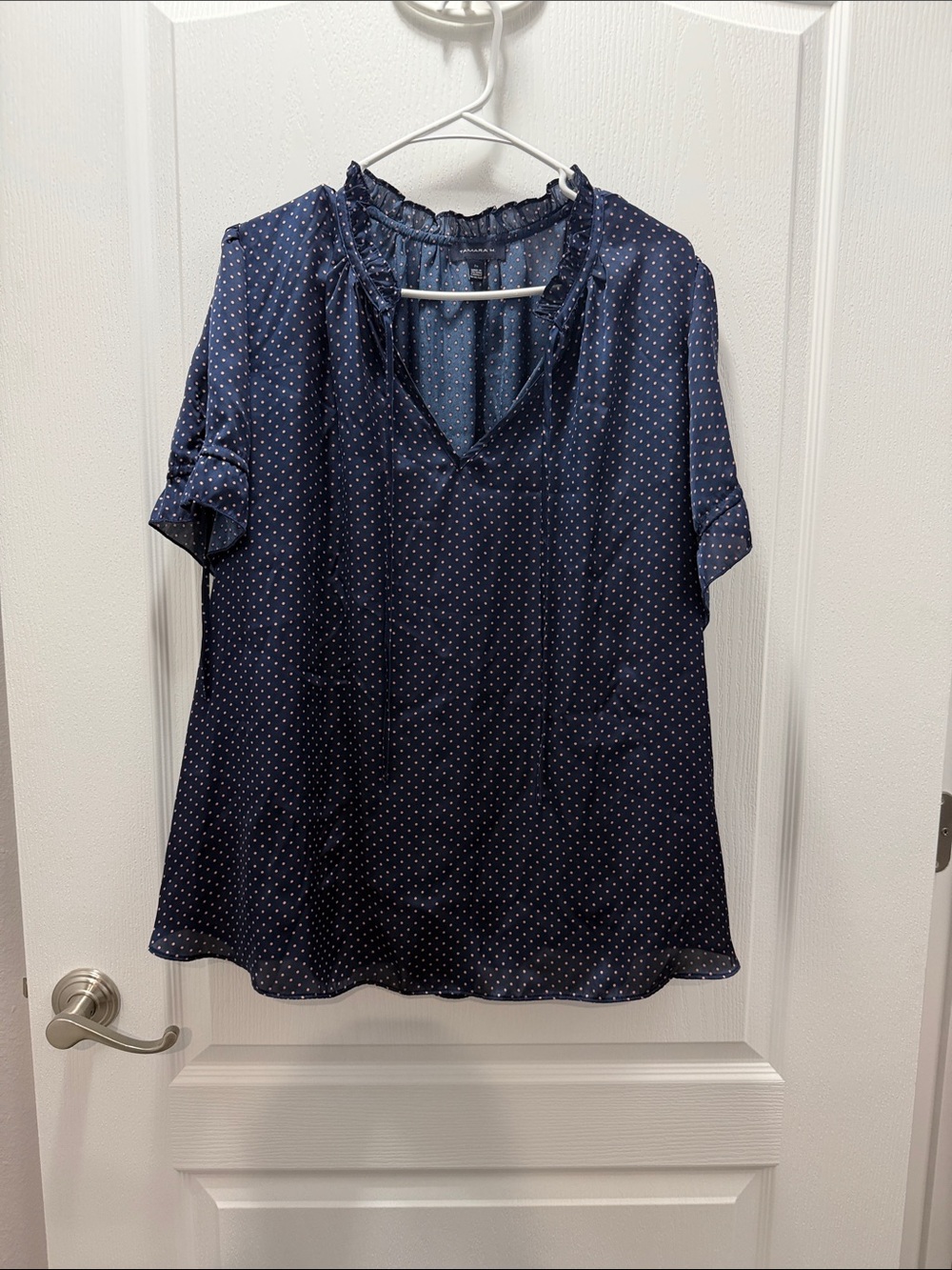 Navy Polka Dot Short Sleeve Ruffle-Neck Top